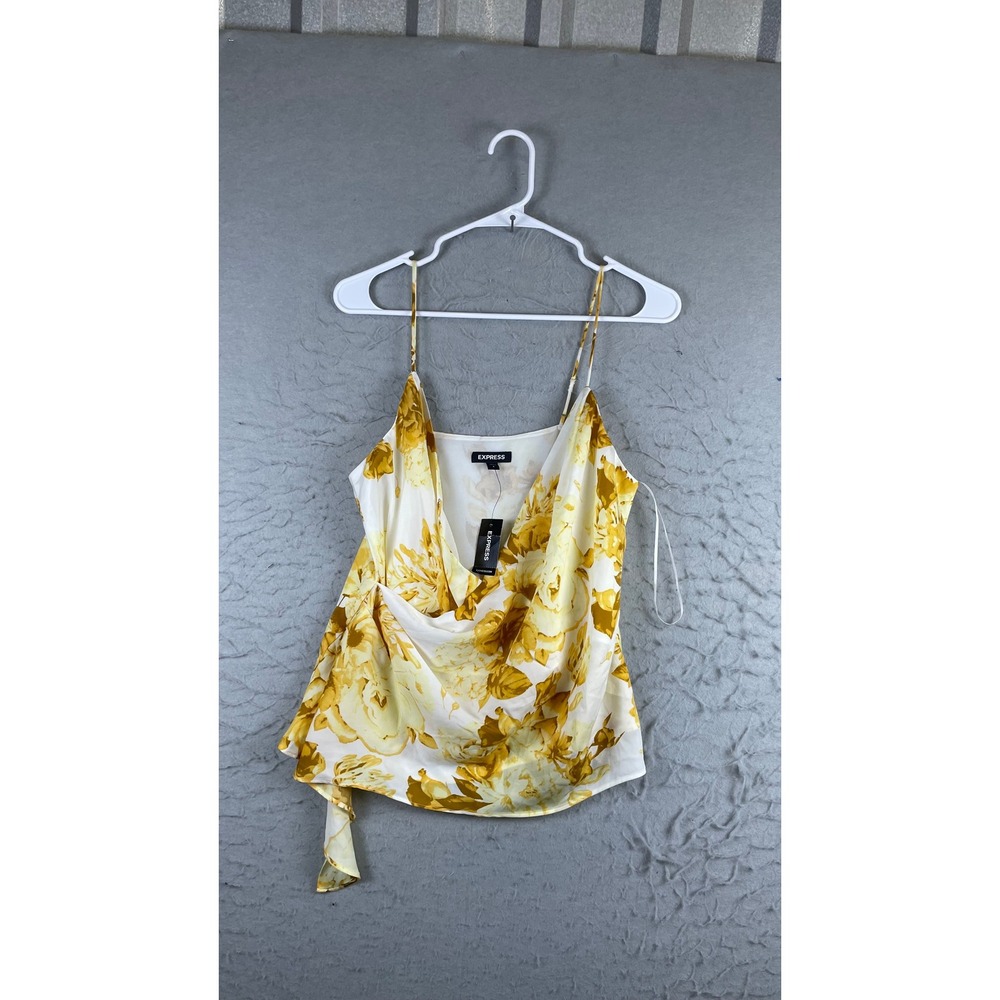 Express Floral Camisole Womens Small Yellow New Cowl Neck Asymmetrical Wrap Top